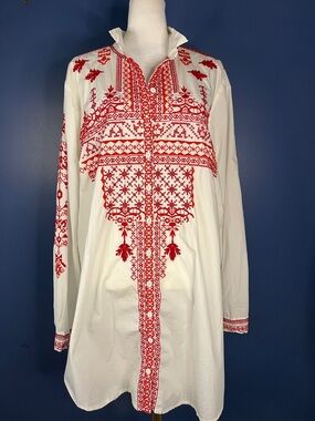 Johnny Was Biya embroidered shirt/ dress, crisp, cream with red crossstitch, XL